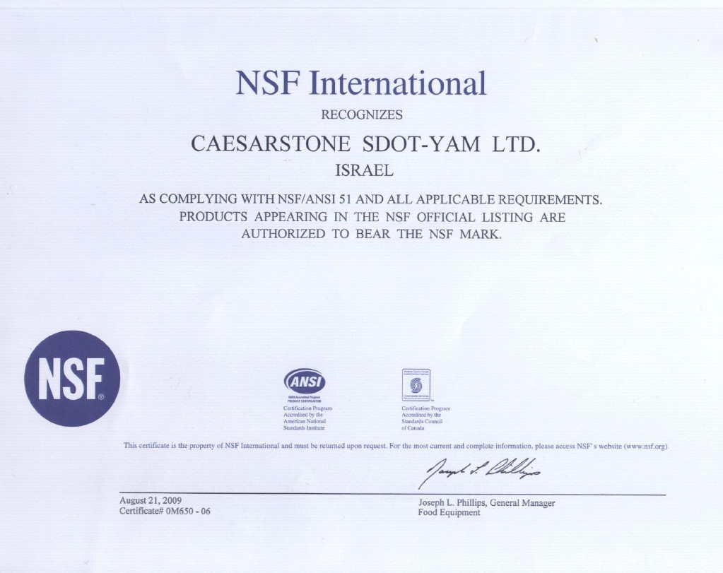 Caesarstone. Certificate by the international organization NSF International